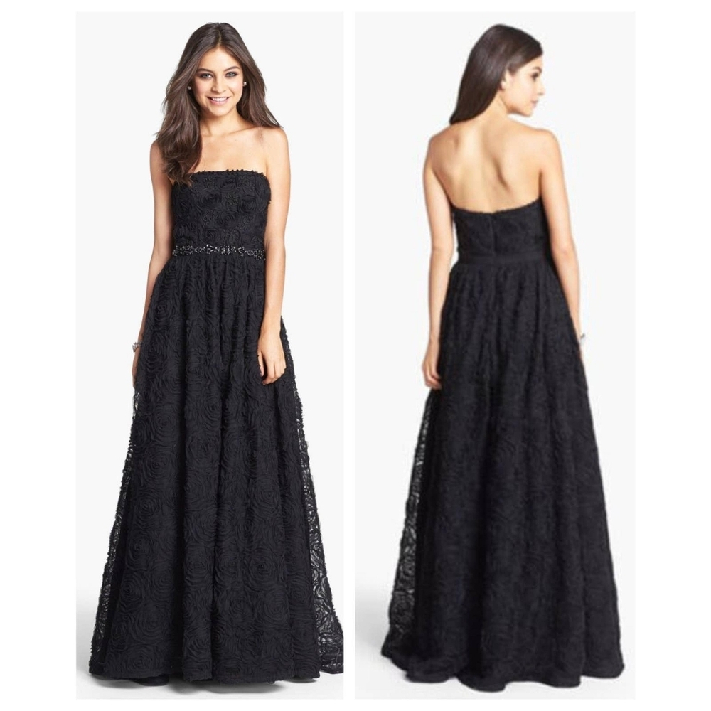NWT Adrianna Papell Black Tulle Rose Ball Gown Sz 4 Strapless Evening Old Money